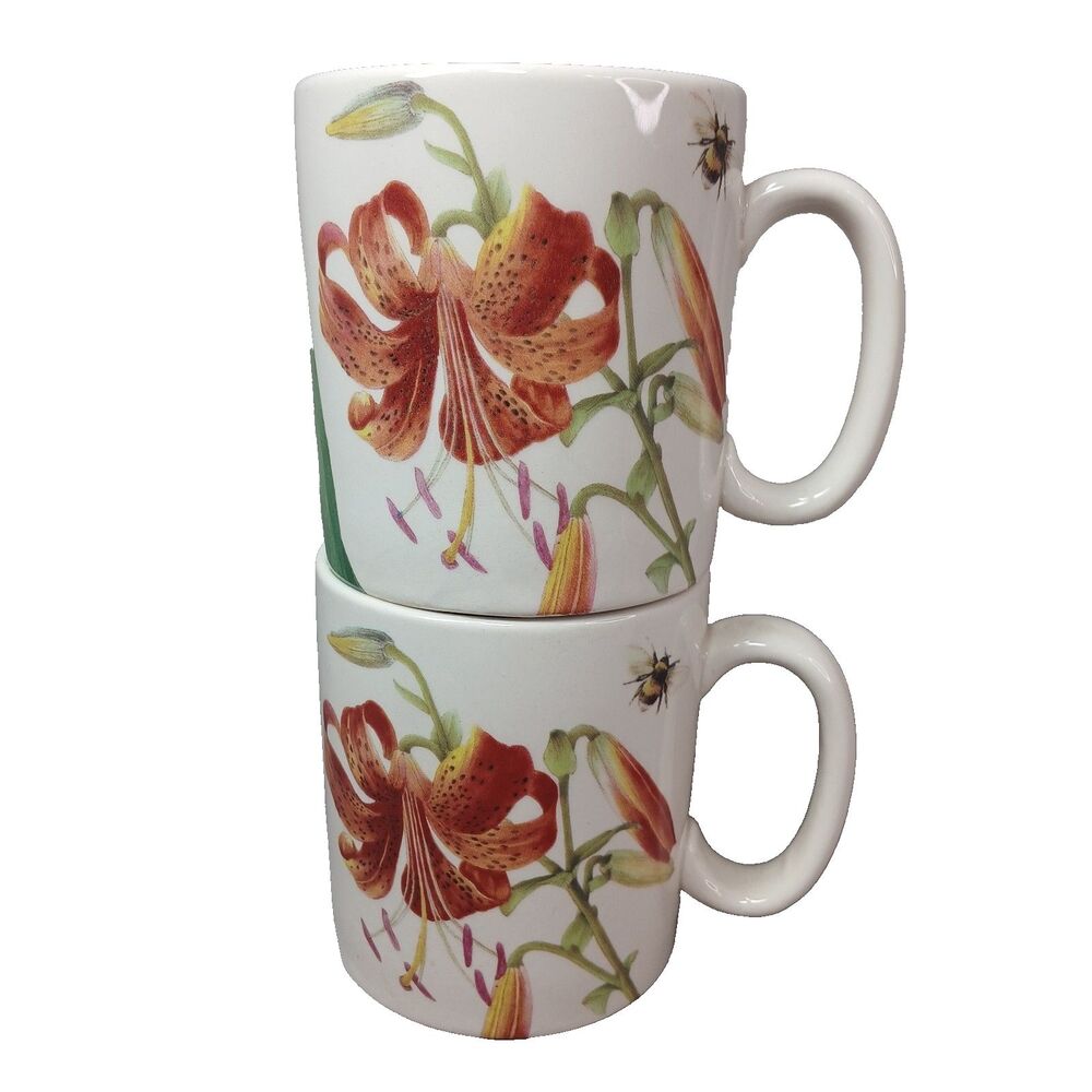 2 Spode Floral Haven Coffee Mugs Tea Cups Orange Lily Imperialware Vintage 2004